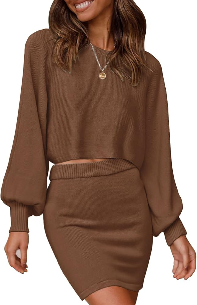 MEROKEETY Women's Puff Sleeve 2 Piece Knit Outfits Solid Color Crop Top Bodycon Skirt Set Sweater | Amazon (US)
