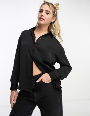 Stradivarius oversized satin shirt in black | ASOS (Global)