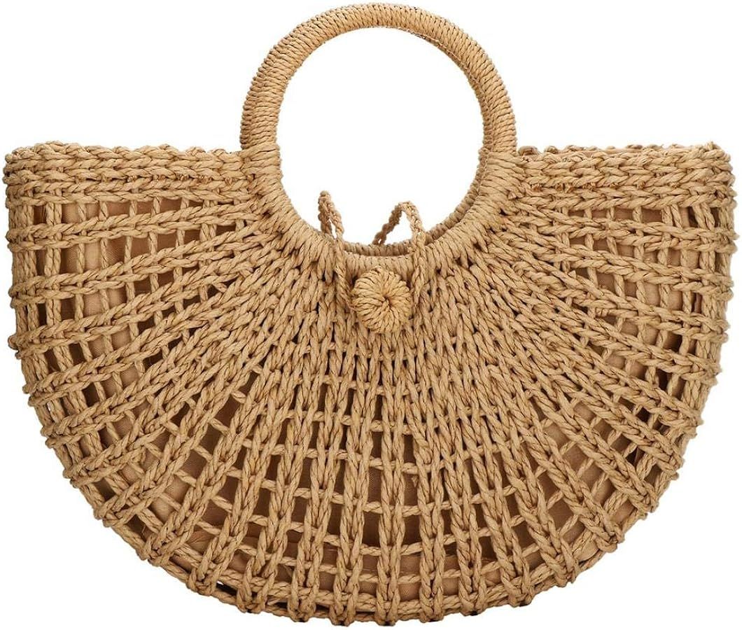 YYW Straw Bags for Women,Hand-woven Straw Top-handle Bag with Round Ring Handle Summer Beach Ratt... | Amazon (US)