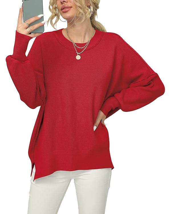 ANRABESS Women Crewneck Batwing Sleeve 2023 Fall Oversized Side Slit Ribbed Knit Pullover Sweater... | Amazon (US)