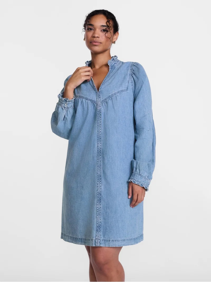 Scenario Women's Denim Mini Dress with Long Sleeves, Sizes XS-XXXL | Walmart (US)