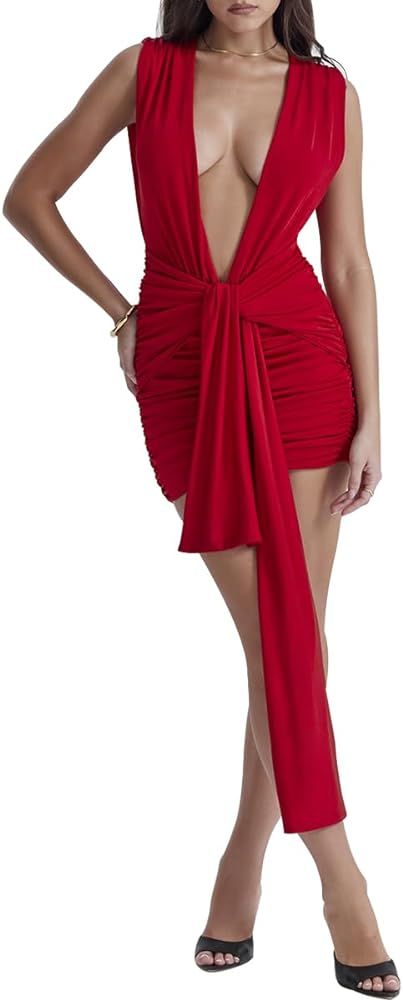 SHESEEWORLD Women's Sexy Sleeveless Deep V Neck Tie Waist Draped Bodycon Ruched Party Mini Cockta... | Amazon (US)