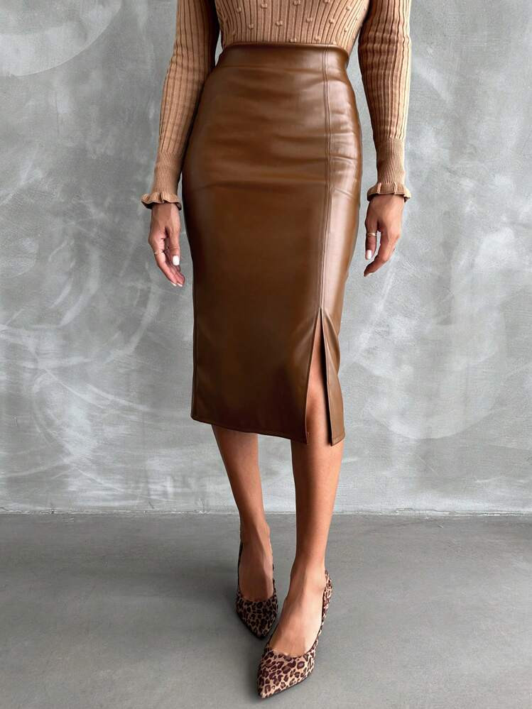 Split Thigh PU Leather Pencil Skirt | SHEIN