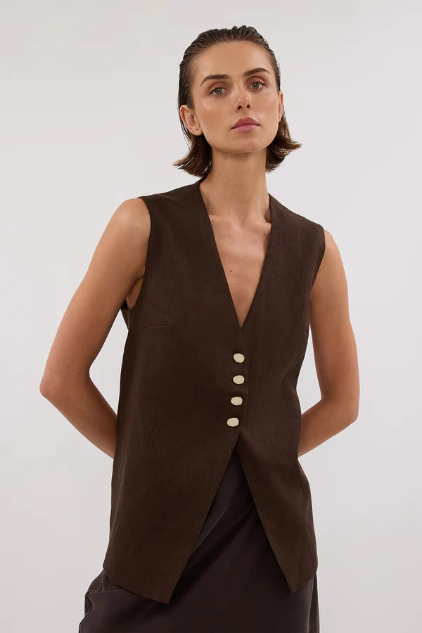 KNOX BITTER CHOC LINEN VEST | DISSH