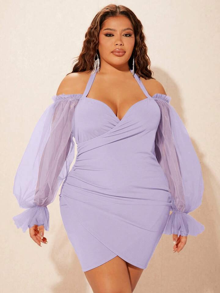 SHEIN SXY Plus Contrast Mesh Flounce Sleeve Ruched Wrap Hem Bodycon Dress | SHEIN