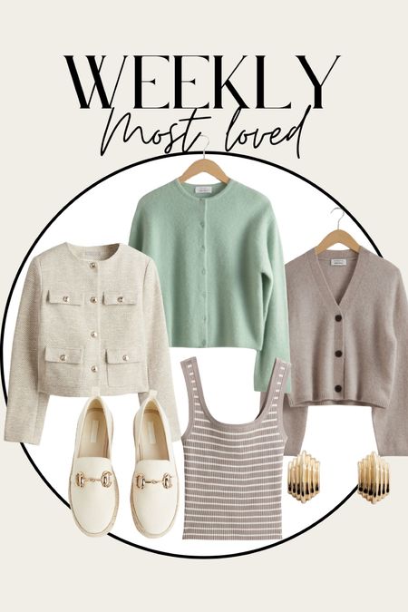 Most loved by you this week🔥
Knitted cardigans, textured weave jacket, stripe rib knit T-shirt, buckle espadrilles, gold earrings, high street fashion. 

#LTKworkwear #LTKstyletip #LTKeurope