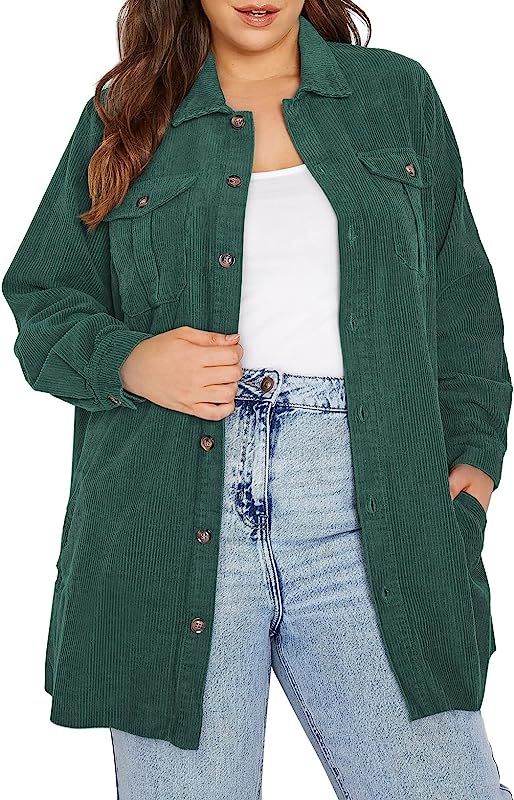 Eytino Womens Plus Size Long Sleeve Button Down Boyfriend Shirts Casual Plaid Shacket Jacket Coats(1 | Amazon (US)