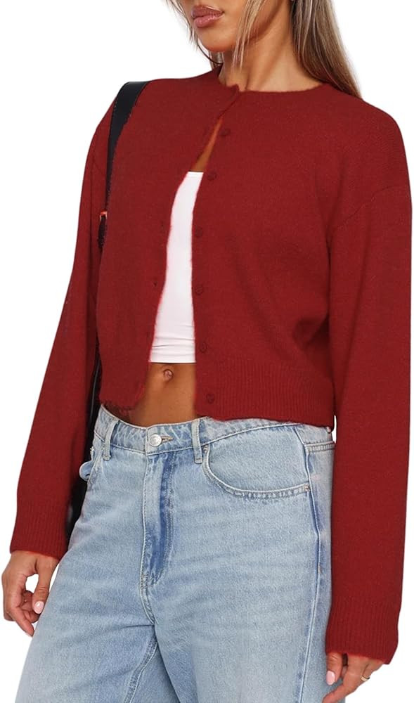 Balimtoy Women's Cropped Cardigan Sweaters Long Sleeve Button Down Sweaters Knit Cardigan Cute Y2... | Amazon (US)