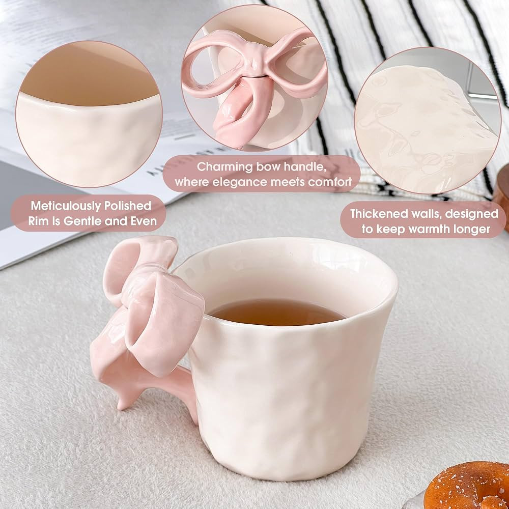 Ceramic Coffee Mug with Pink Bow Handle - Cute Girly Cup for 14.88oz/440ml, Handmade Kawaii Soup ... | Amazon (CA)