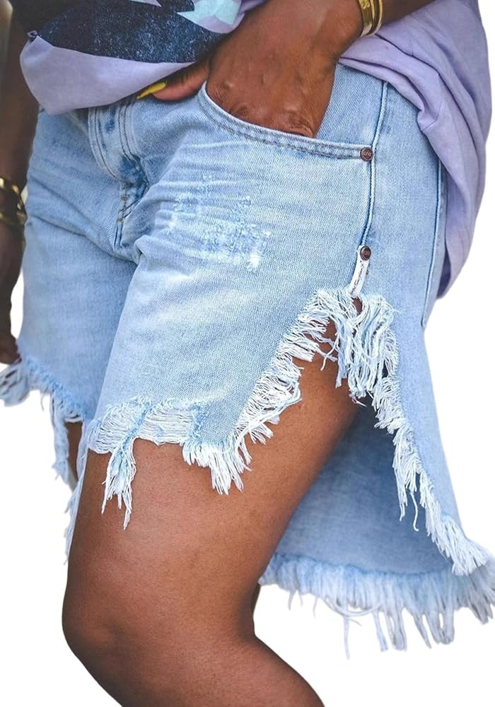 Tbahhir Women Ripped Denim Shorts Long Frayed High Waisted Side Slit Jean Short Distressed Club S... | Amazon (US)