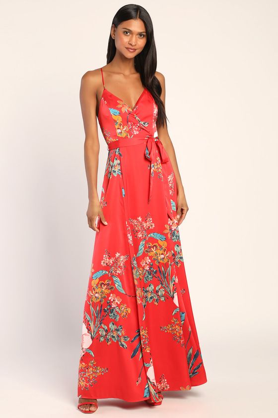 Still the One Red Floral Print Satin Maxi Dress | Lulus (US)