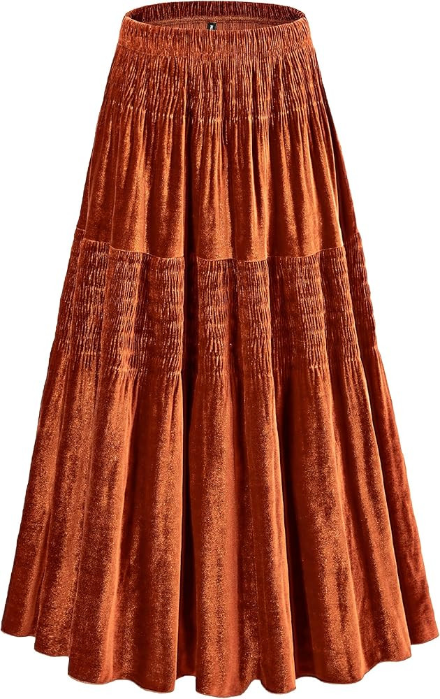 Women's Velvet Pleated Midi Skirt Elastic High Waist Fall Winter Tiered A-Line Party Long Skirts | Amazon (US)