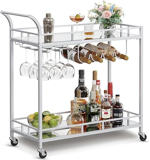 VASAGLE Bar Cart Silver, Home Bar Serving Cart, Wine Cart with 2 Mirrored Shelves, Wine Holders, ... | Amazon (US)