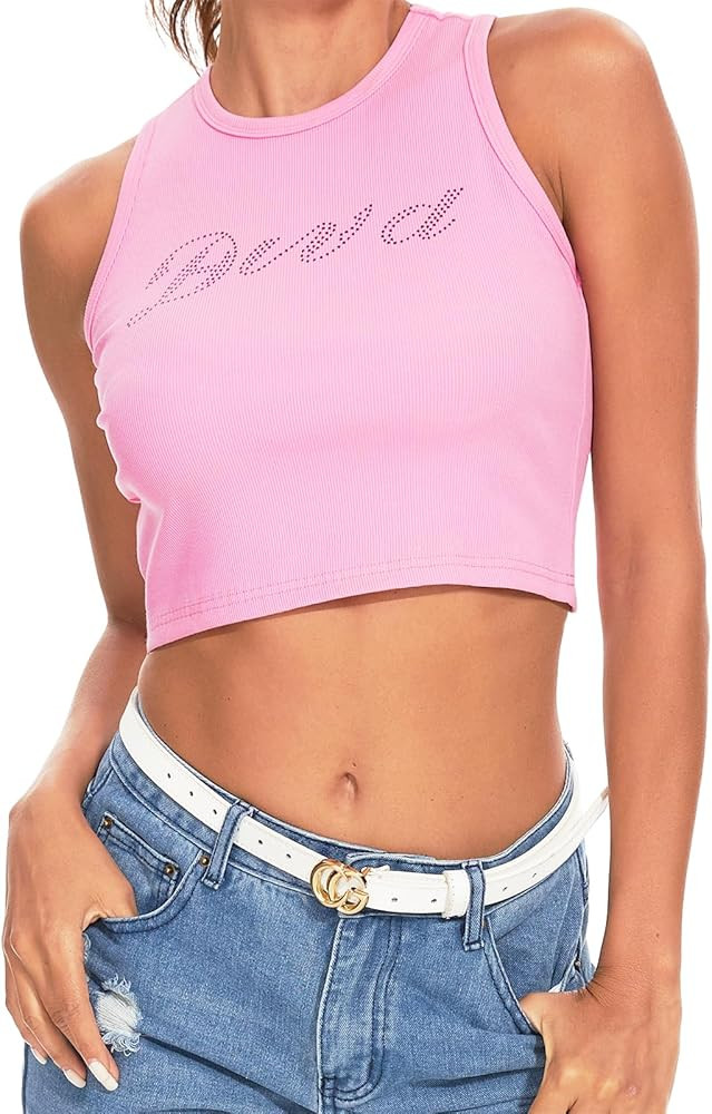 LQI Women's Tank Top Y2K Round Neck Racerback Crop Top Slim Fit Pink Tops for Women Girls | Amazon (US)
