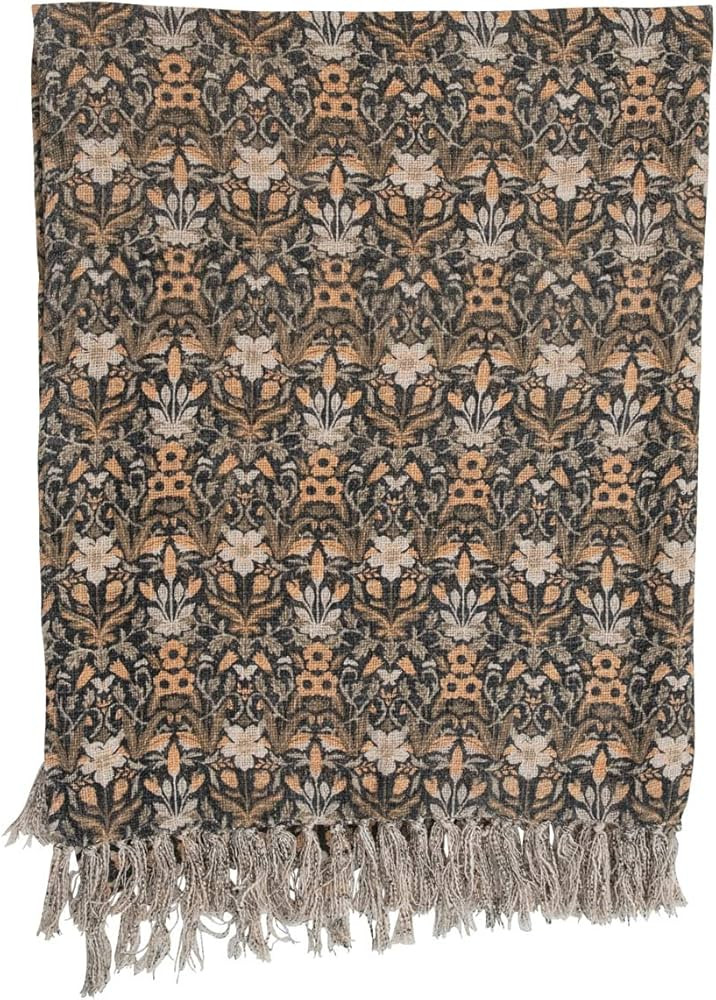 Creative Co-Op Cotton Slub Floral Pattern and Fringe Blanket Throw, Single, Black/Orange Twin | Amazon (US)