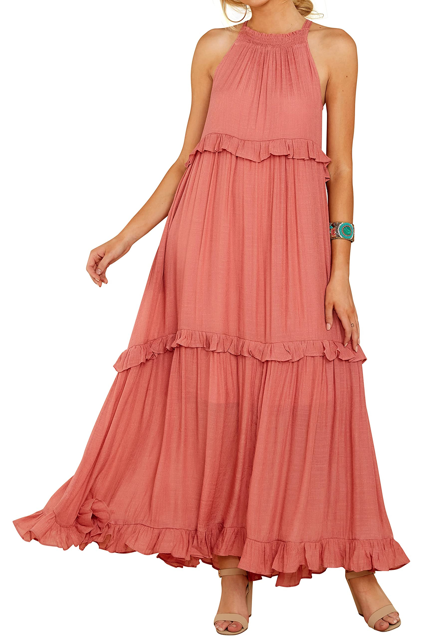 R.Vivimos Womens Summer Dress Cotton Sleeveless Halter Layered Ruffles Casual Boho Flowy Maxi Dre... | Amazon (US)