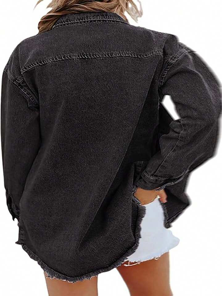 Women's Denim Shirt Loose Long Sleeved Street Style Brushed Hem Jacket | SHEIN
