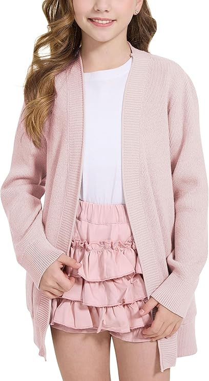 WULFUL Girls Long Sleeve Cardigan Kids Casual Open Front Oversized Sweater with Pockets | Amazon (US)