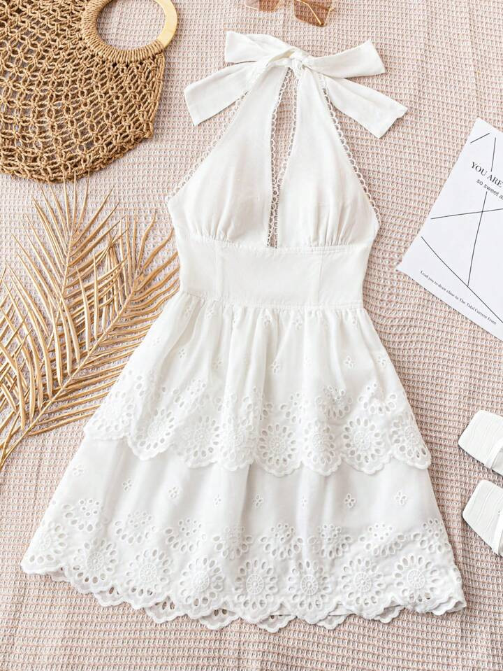 SHEIN WYWH WYWH Women's Embroidery Lace Spliced Elastic Halter Mini Dress, Perfect For Summer Vac... | SHEIN