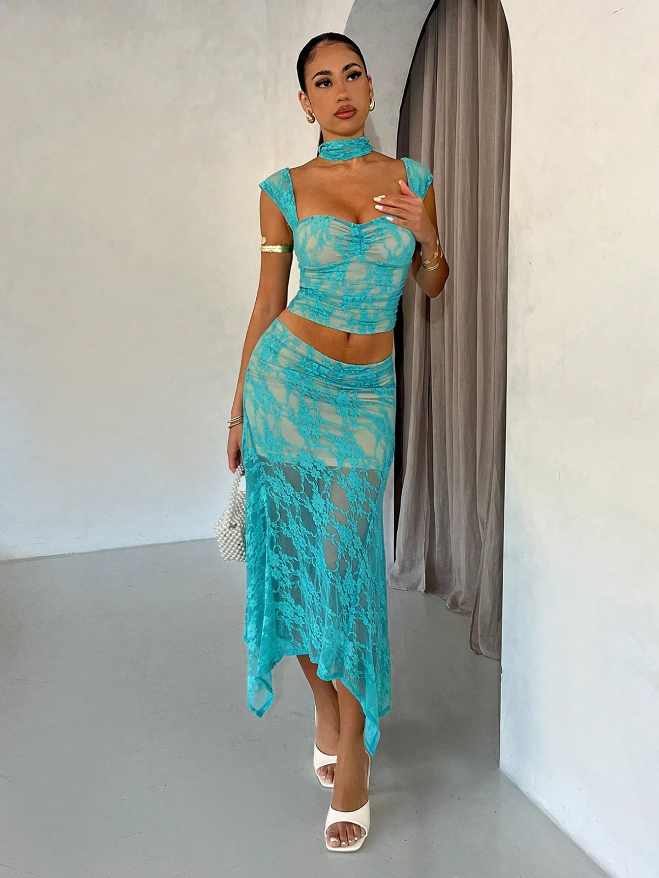 SHEIN BAE Women Solid Color Lace Elegant Date/Vacation Asymmetrical Hem Midi Dress Set | SHEIN US... | SHEIN