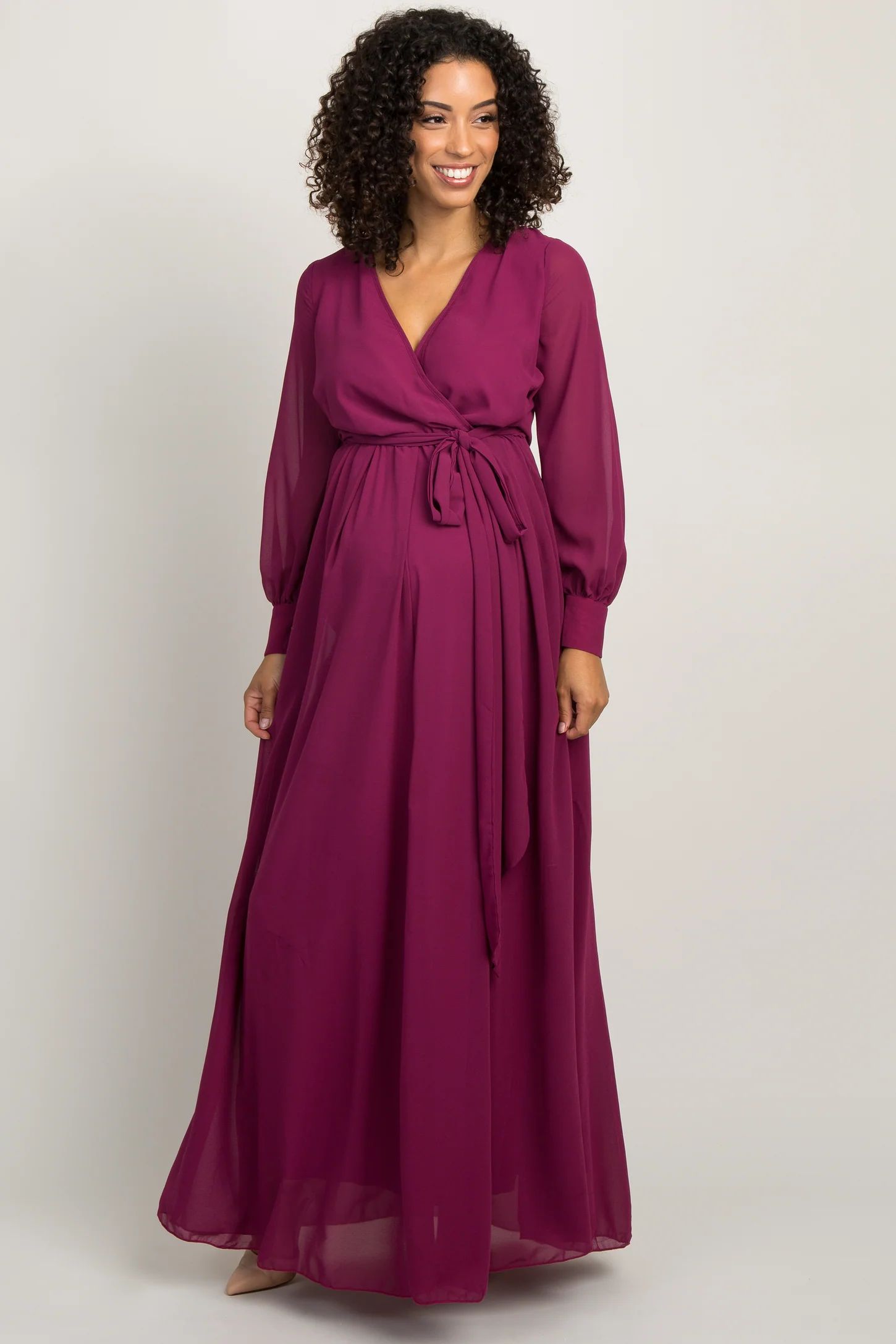 Magenta Chiffon Long Sleeve Pleated Maternity Maxi Dress | PinkBlush Maternity