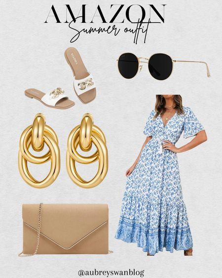Summer outfit inspiration from Amazon✨ These pieces are great to wear for a date night or one night on your summer vacation for dinner. 

Amazon fashion, long summer dress for women, chain strap purse, gold earrings, dressy slides for women, round sunglasses 