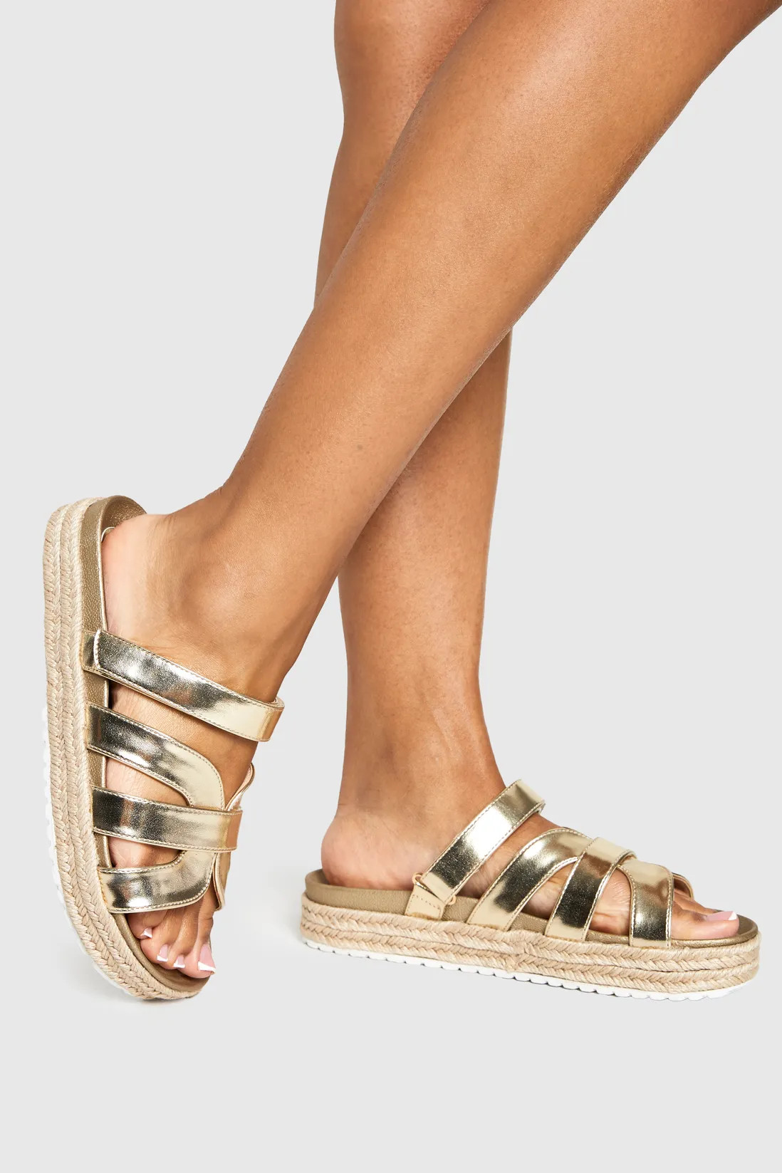 Metallic Cross Strap Flatform Sandals | Boohoo.com (UK & IE)