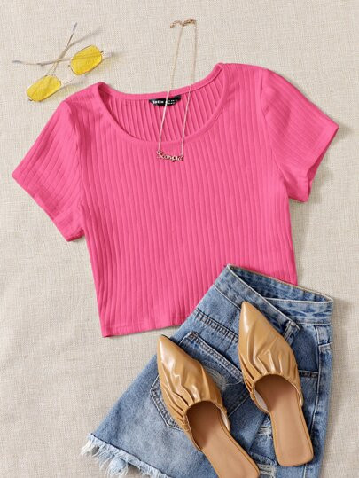 SHEIN EZwear Solid Rib-knit Top | SHEIN