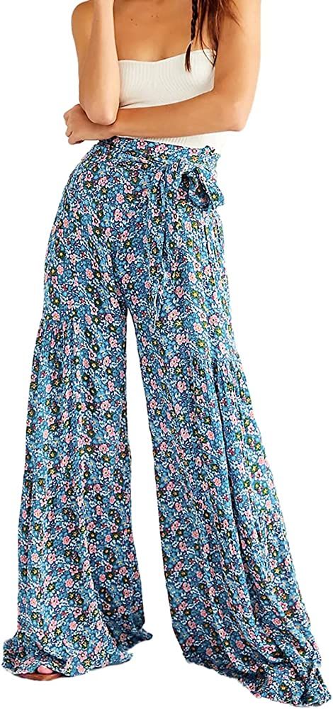 Timemory Womens Wide Leg Palazzo Pants Summer Loose Casual Beach Boho Floral Printed Bohemian Bel... | Amazon (US)
