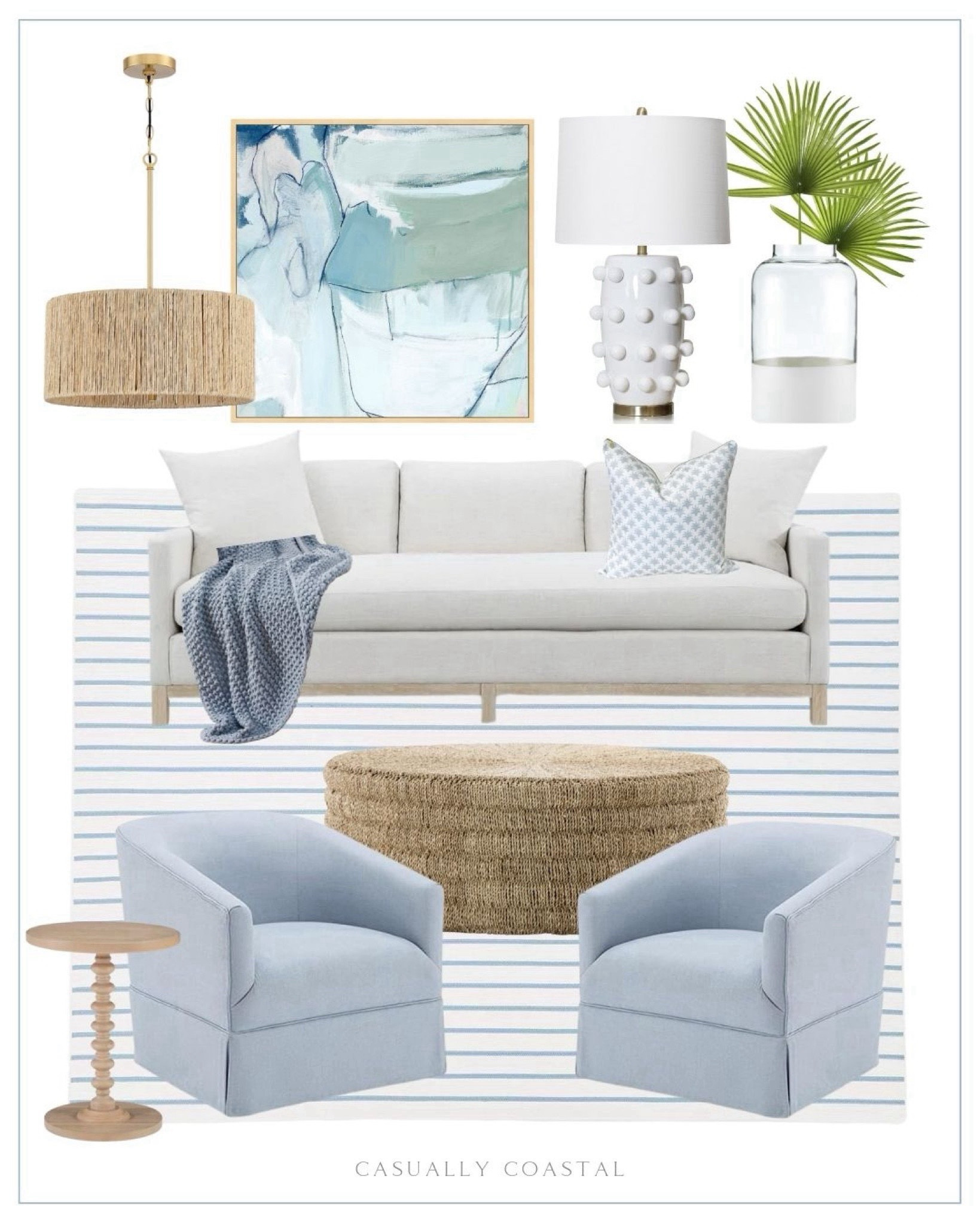 Inspirational Living room ideas - a few pieces currently on sale! 
- 
Coastal style, coastal home, coastal decor, coastal decorating, swivel chairs, blue and white home decor, coastal home decor, neutral aesthetic, beach house, beach home, beach style, beach home decor, white lamp, pedestal end table, striped rug, neutral lighting, coastal pillows, beach house pillows, chunky knit throw, throw blanket, coastal coffee table, spindle side table, living room side table, round side tables, faux palm, large vase, living room mood board, living room rug, coastal rug, 9x12 rug, 8x10 rug, coastal pendant light, woven pendant light, coastal artwork, oversized artwork, blue artwork, abstract art, designer look for less lamp, round coffee table, woven coffee table, coastal coffee table, white sofa, white couch, living room chairs, Serena & Lily rug, designer look for less, living room style, living room accessories, living room art, woven pendant light, living room lighting, affordable chandelier, coastal chandelier



#LTKFindsUnder100 #LTKSaleAlert #LTKHome