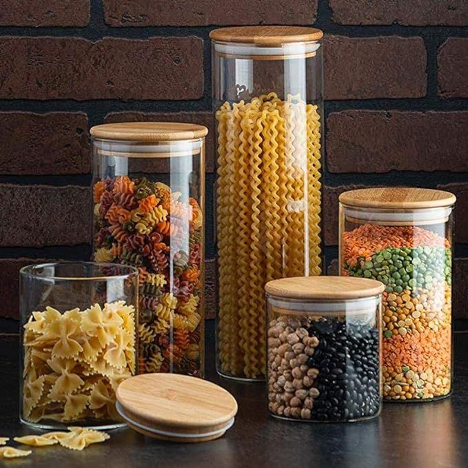 Canister Set of 5, Glass Kitchen Canisters with Airtight Bamboo Lid, Glass Storage Jars for Kitch... | Amazon (US)