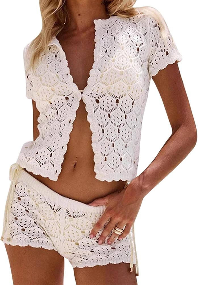 SOLILOQUY Women Summer Knit Crochet Shorts Set 2 Piece Outfit Hollowed Button-up Short Sleeve Cro... | Amazon (US)