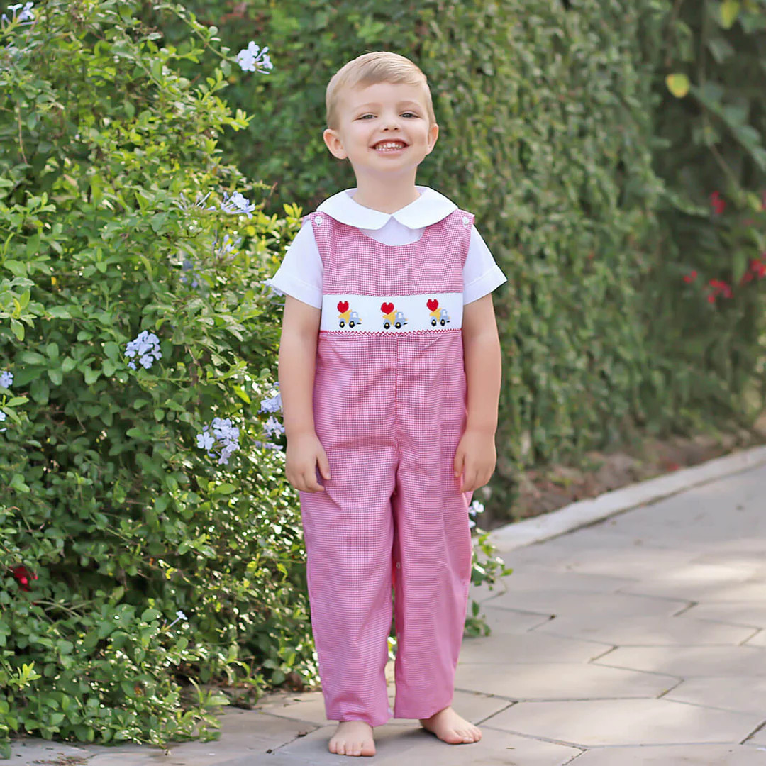 Valentine Truck Smocked Longall Red Gingham | Classic Whimsy
