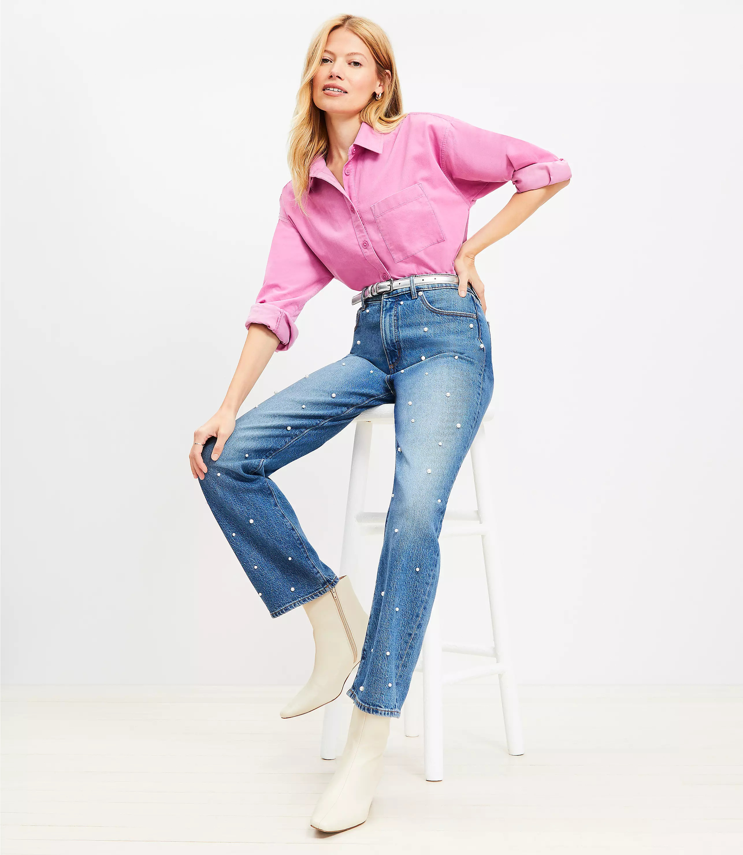 Pearlized High Rise Straight Jeans in Authentic Vintage Mid Wash | LOFT