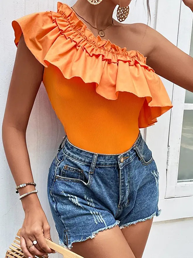 SweatyRocks Women's Solid One Shoulder Layered Ruffle Tee Shirts Butterfly Sleeve Fitted Casual S... | Amazon (US)