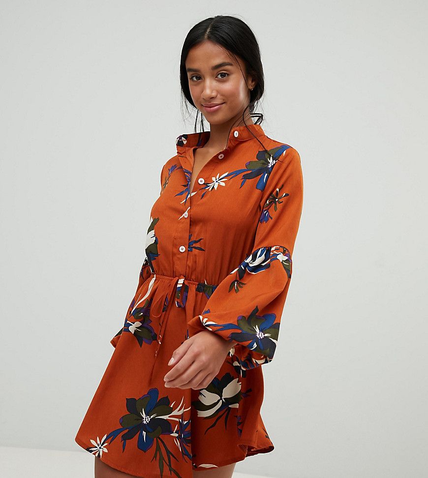 Parisian Petite floral print collarless shirt dress - Orange | ASOS US