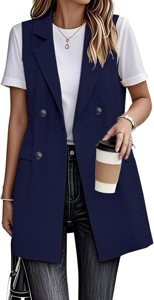 IDEALSANXUN Womens Long Linen Vest Dressy Sleeveless Blazer Jackets Outerwear Tops | Amazon (US)