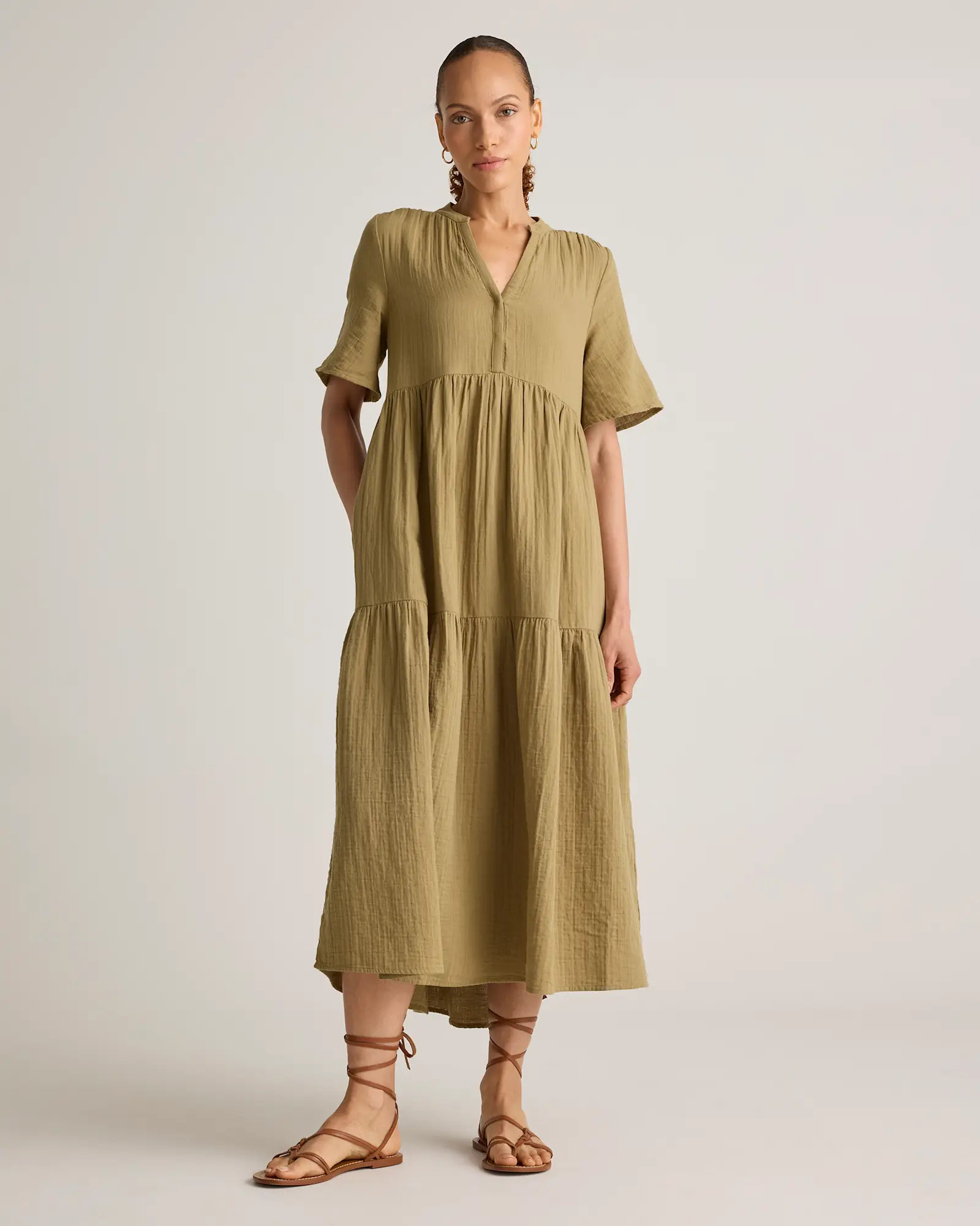 100% Organic Cotton Gauze Split Neck Midi Dress | Quince