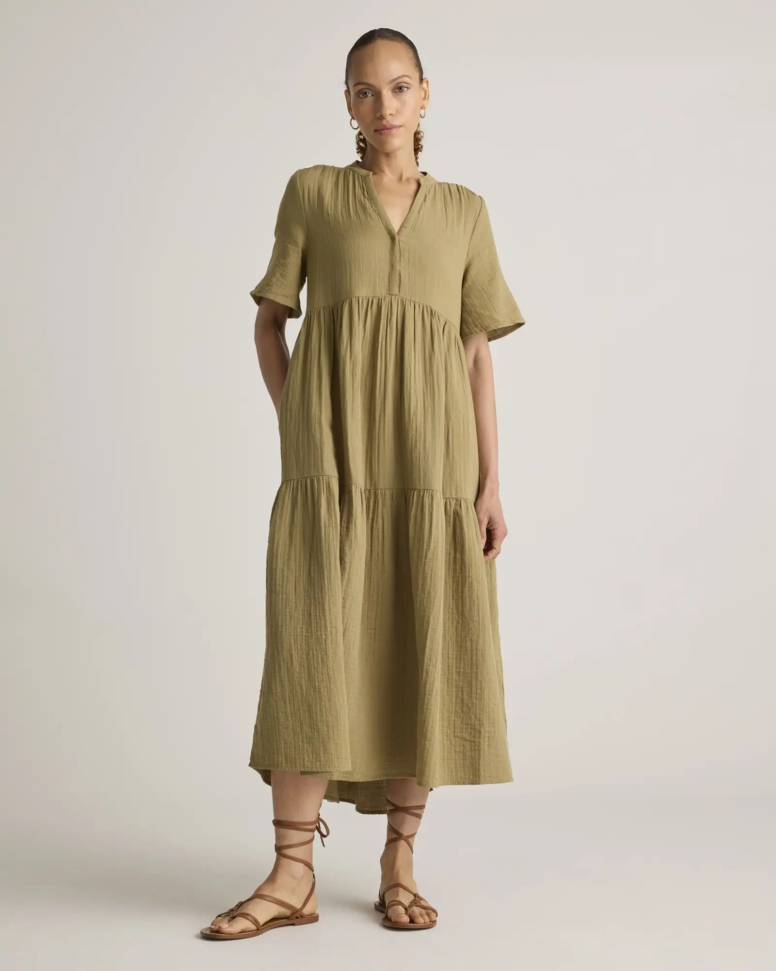 100% Organic Cotton Gauze Split Neck Midi Dress | Quince