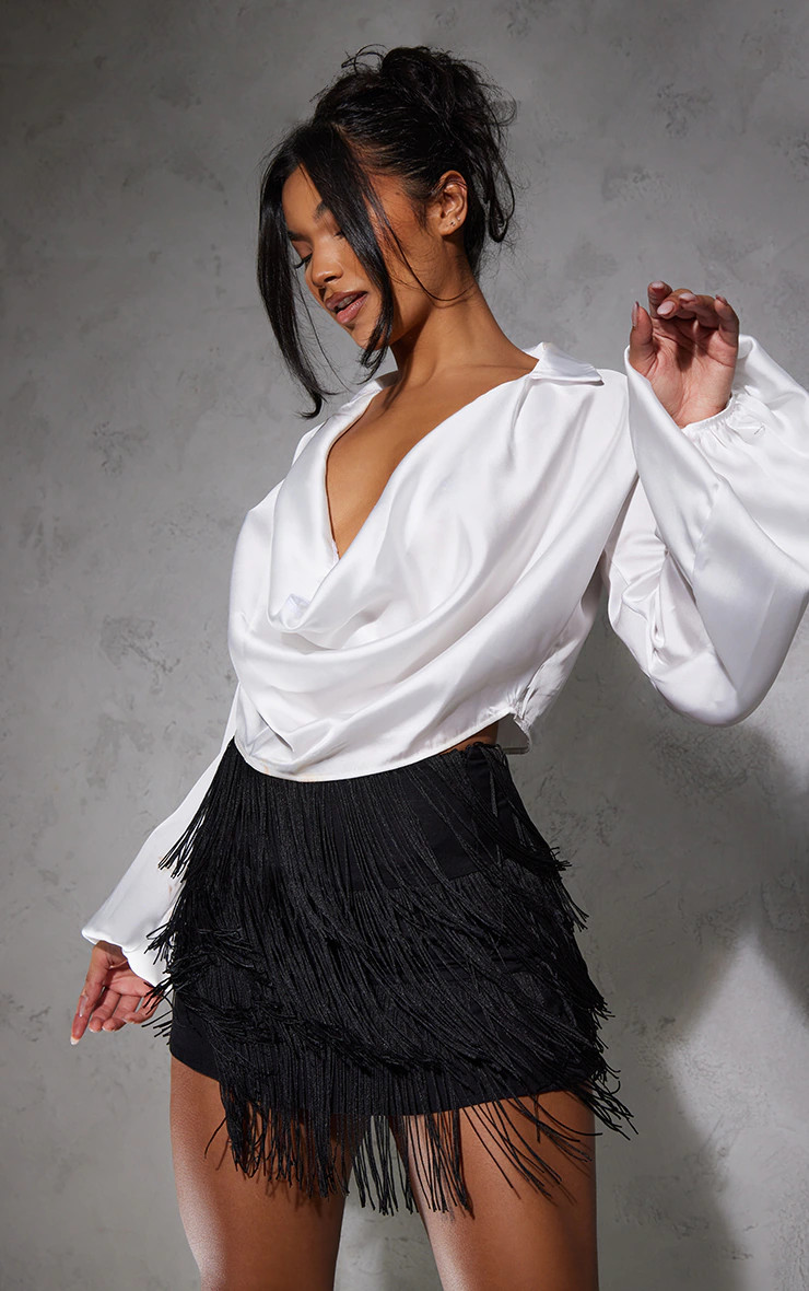 Black Woven Tassel Mini Skirt | PrettyLittleThing US