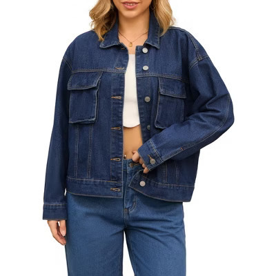 INSPIRE CHIC Women's Button Down Long Sleeve Oversized Denim Jacket Dark Blue Small | Target