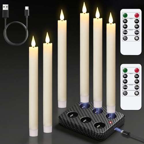 GenSwin Rechargeable Flameless Taper Candles with Charging Base, 6 Pack LED Candles Battery Operated with Remote Timer, Real Wax Flameless Candlesticks for Halloween Christmas Decorations(Ivory) | Amazon (US)