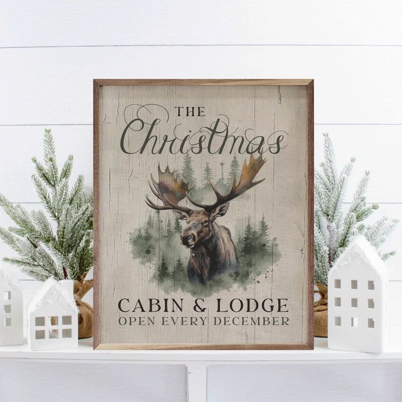 The Christmas Cabin And Lodge Moose Whitewash Framed On Wood Print | Wayfair North America