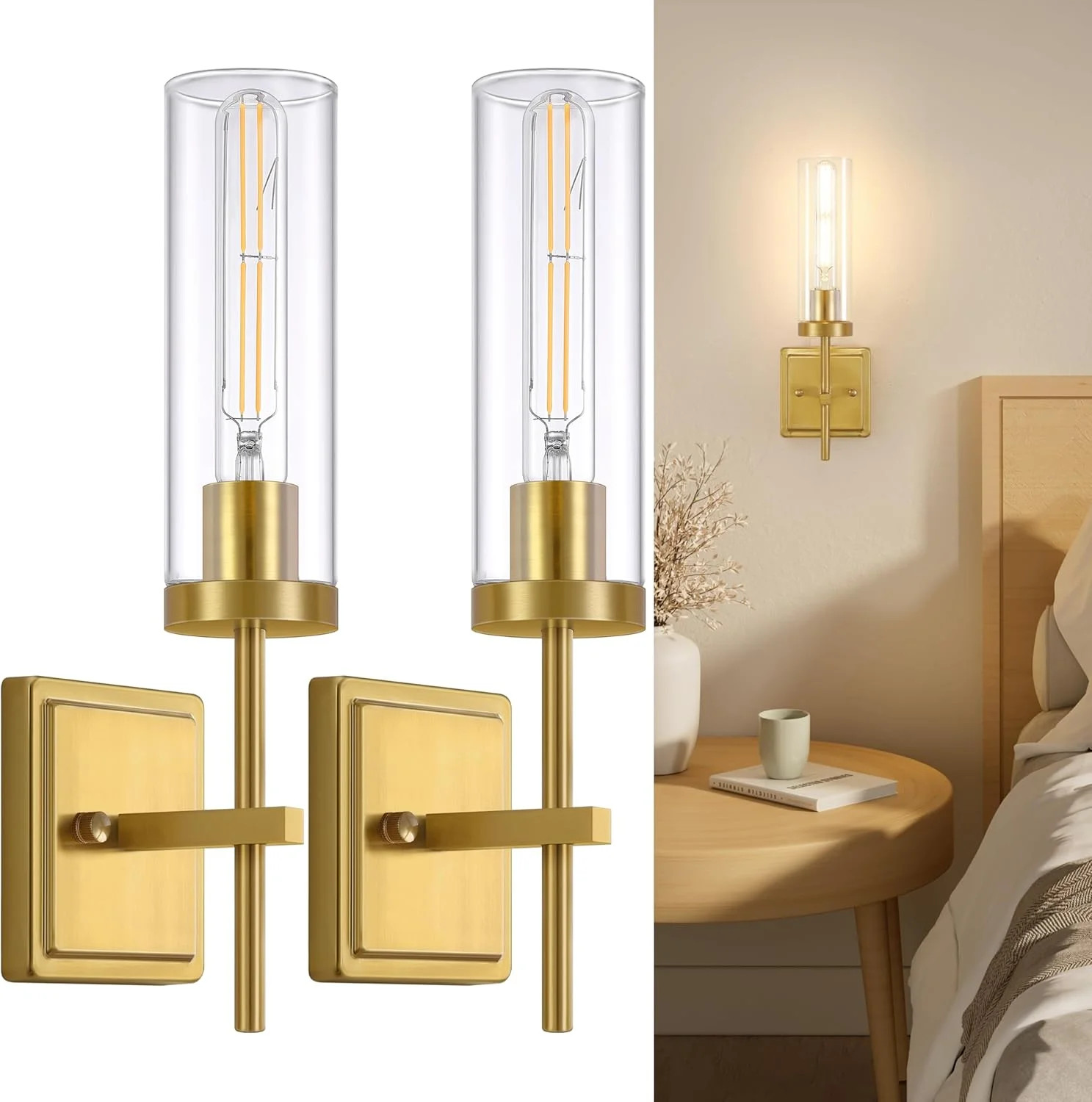 Wall Sconces Set of 2 Gold Bathroom Sconces Wall Lighting with Clear Glass Vanity Light fixtures ... | Walmart (US)