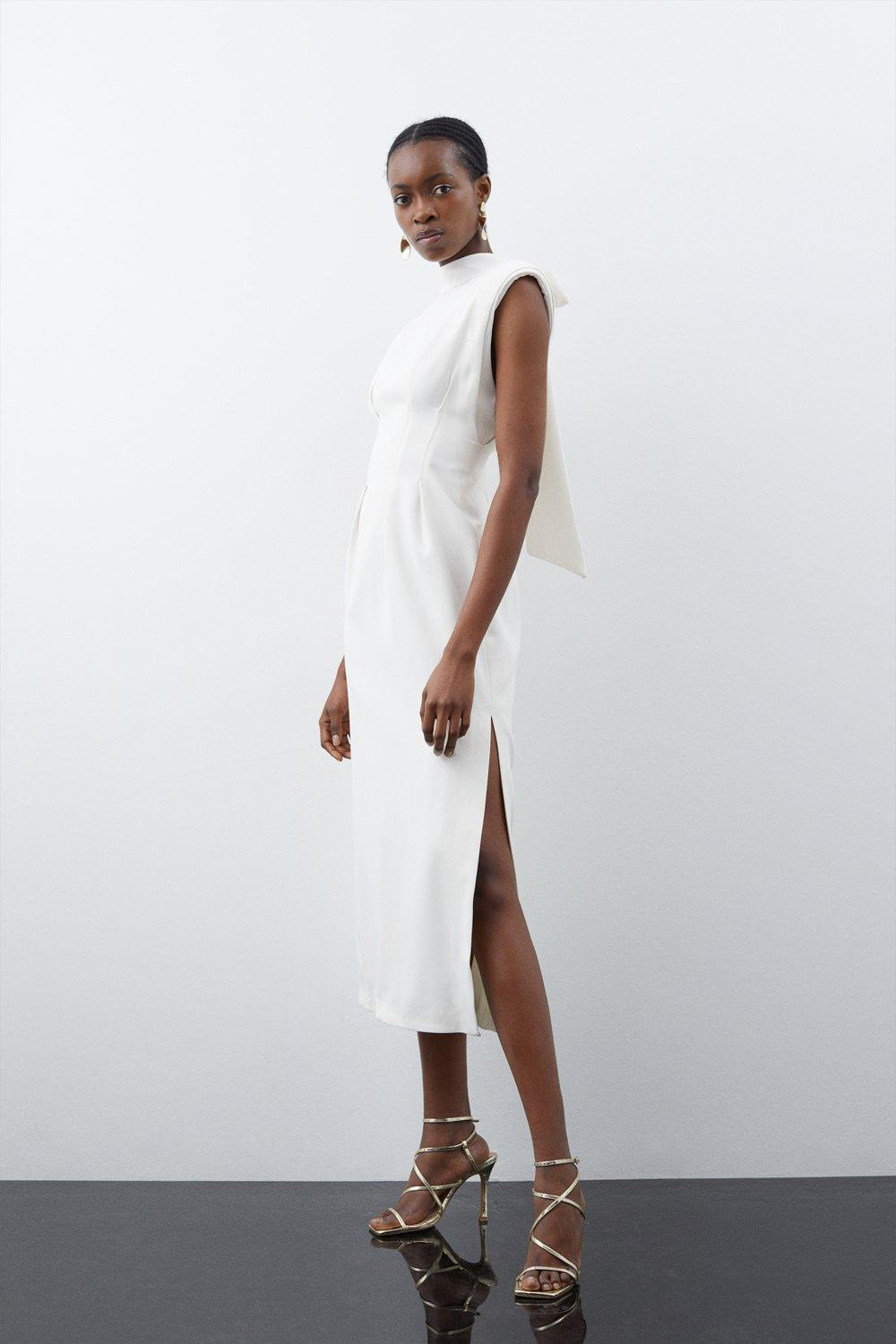 Pintuck Tie Neck Woven Column Midi Dress | Karen Millen US