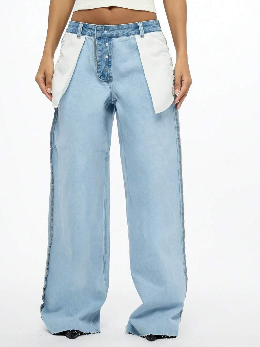 SUMWON WOMEN Inside Out Design Straight Leg Jeans With Unique White Panel Overlay Distressed Raw ... | SHEIN