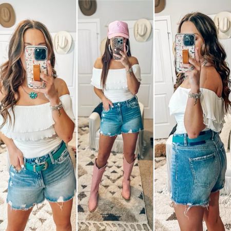 Love this white off the shoulder top paired with denim cut off jean shorts! And added a pop of pink with my cowboy boots and trucker hat! 
5/27

#LTKStyleTip #LTKSeasonal #LTKFindsUnder100