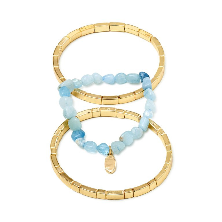 Scoop Women’s Blue Semi-Precious Stone and 14K Gold Flash-Plated Stretch Bracelet, 3-Piece Set | Walmart (US)