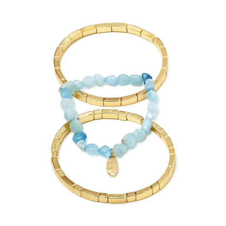 Scoop Women’s Blue Semi-Precious Stone and 14K Gold Flash-Plated Stretch Bracelet, 3-Piece Set | Walmart (US)