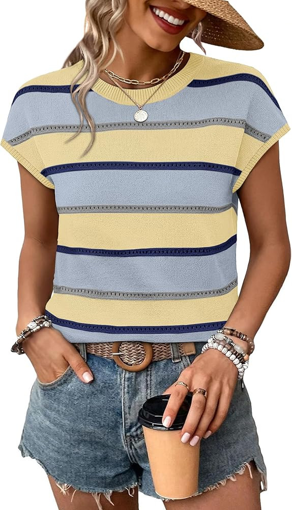 WIHOLL Womens Lightweight Sweater Spring Summer Outfits Cap Sleeve Hollow Out Knit Fashion Clothi... | Amazon (US)